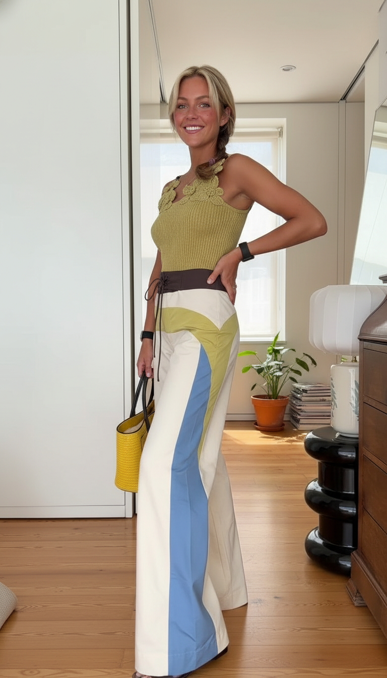 Cream Color-Block Print Lace Wide-Leg Pant Set product image 2