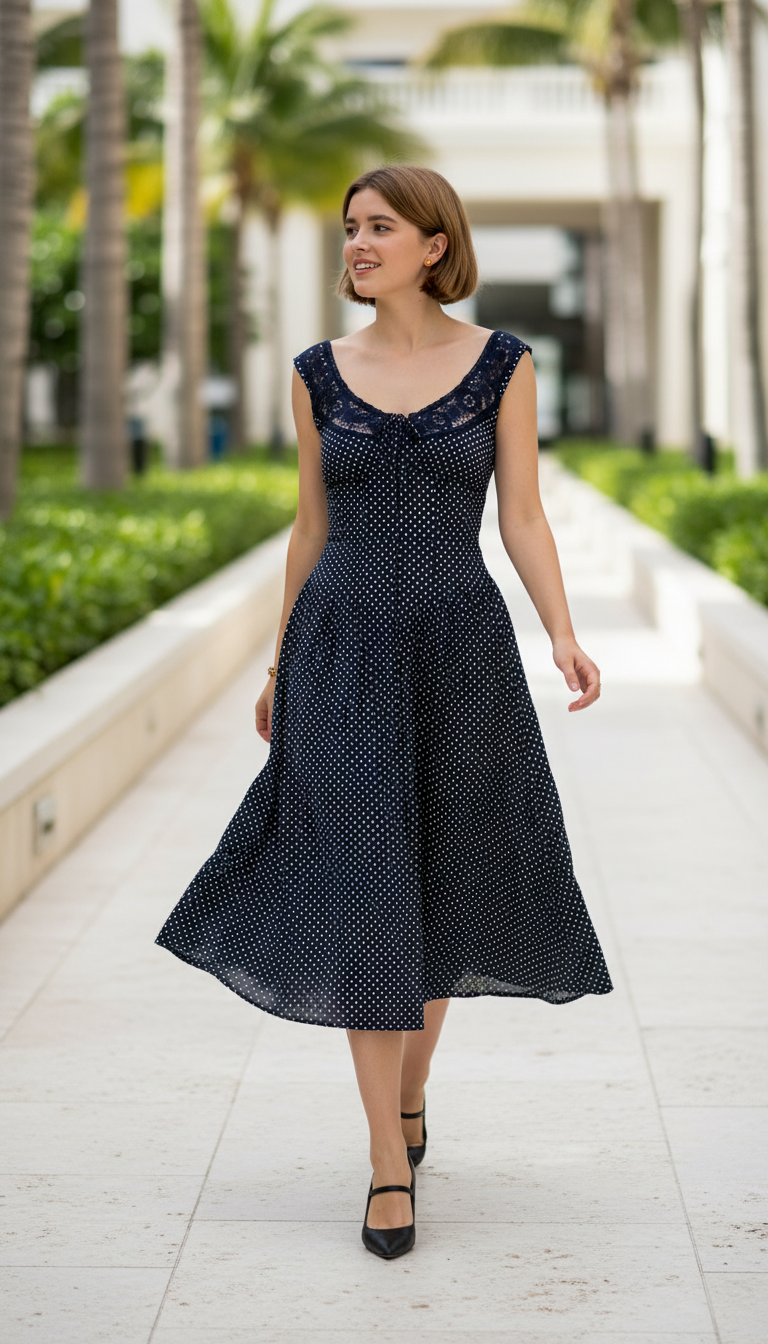Navy Polka Dot Print V-Neck Lace Midi Dress product image 2