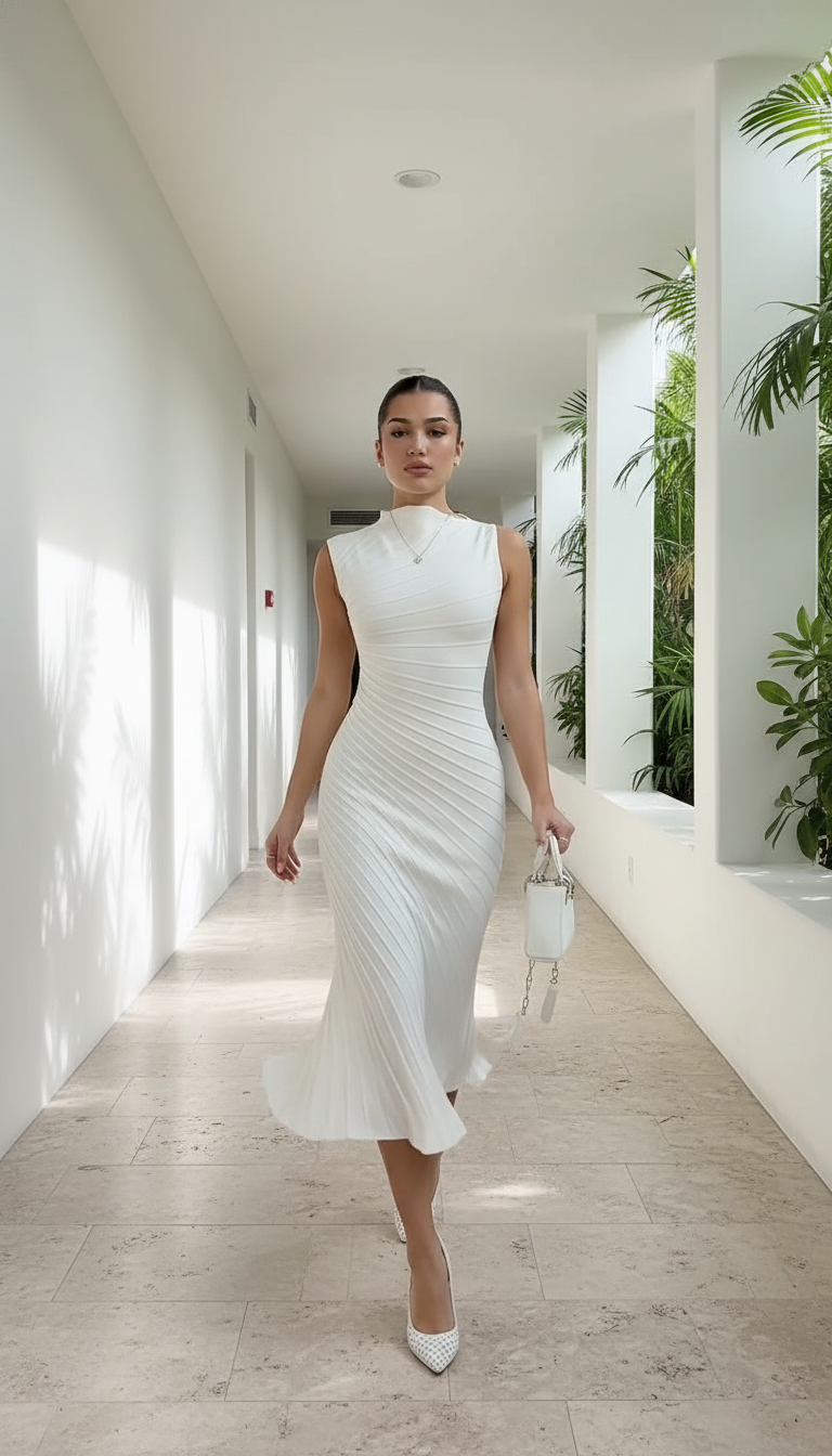 White Ribbed Texture Midi Dress product image 2