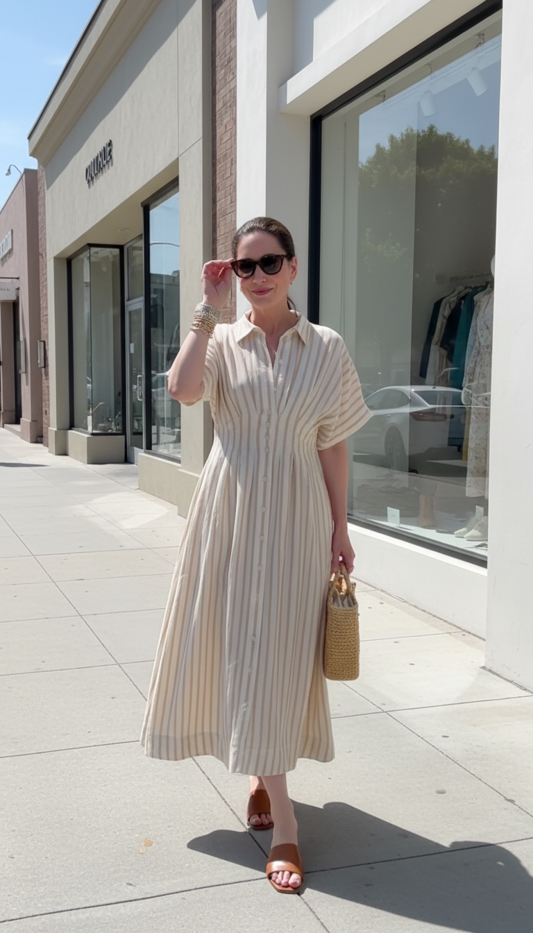 Beige Striped Button Front Pockets Midi Dress product image 2