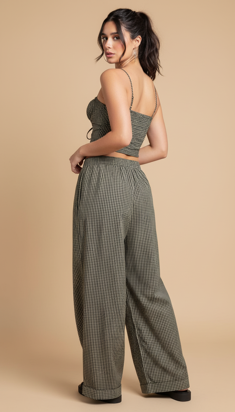 Black Gingham Print Wide-Leg Tie Front Pant Set product image 2