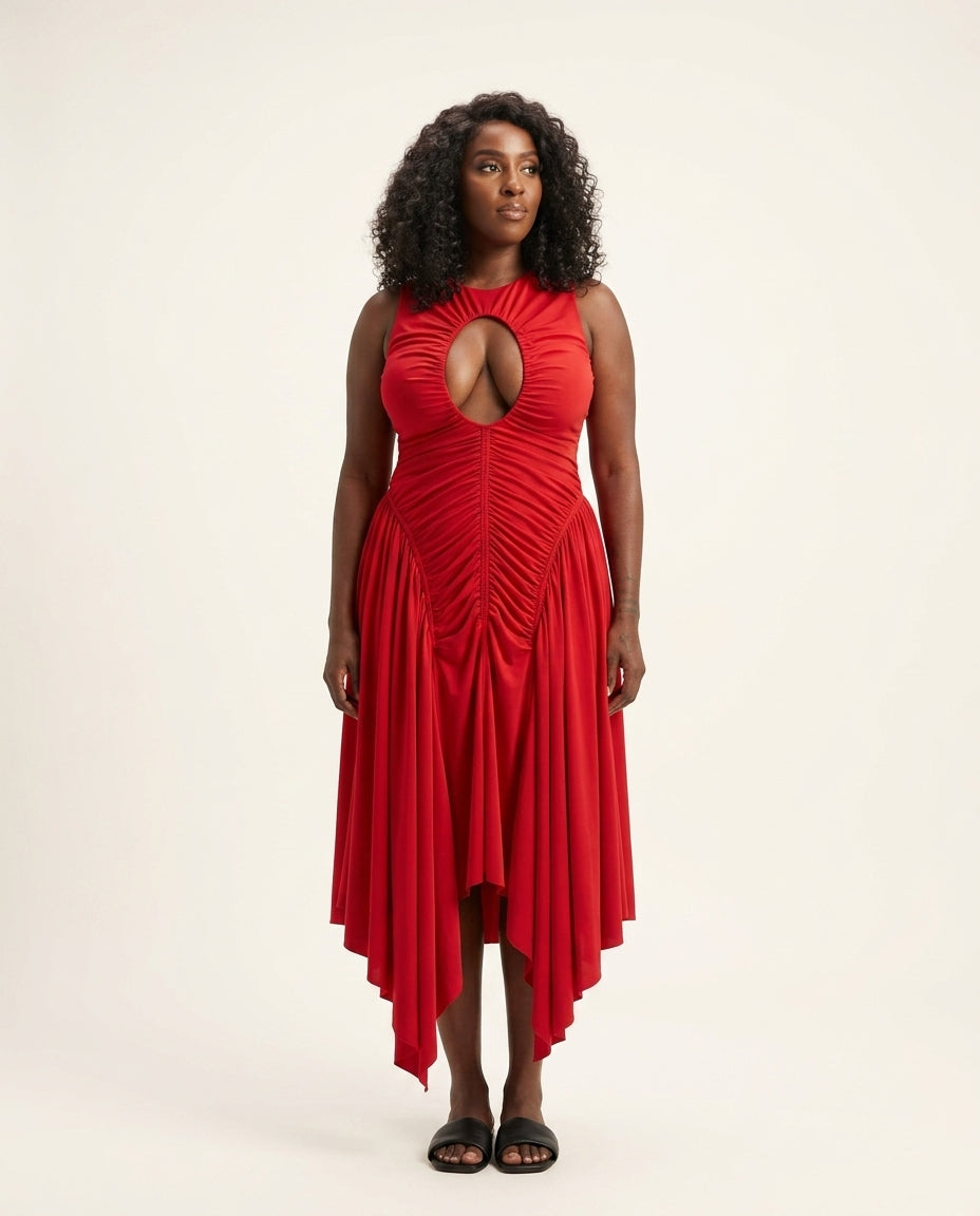 Red Aura Wedding Guest Ruched Maxi Dress Red Maxi Dress with Asymmetric silhouette and Textured texture, side or back garment view for Wedding Guest, a gallery evening, Fall current summer selling first with a light late-summer/pre-fall accent: make it we by Massicos