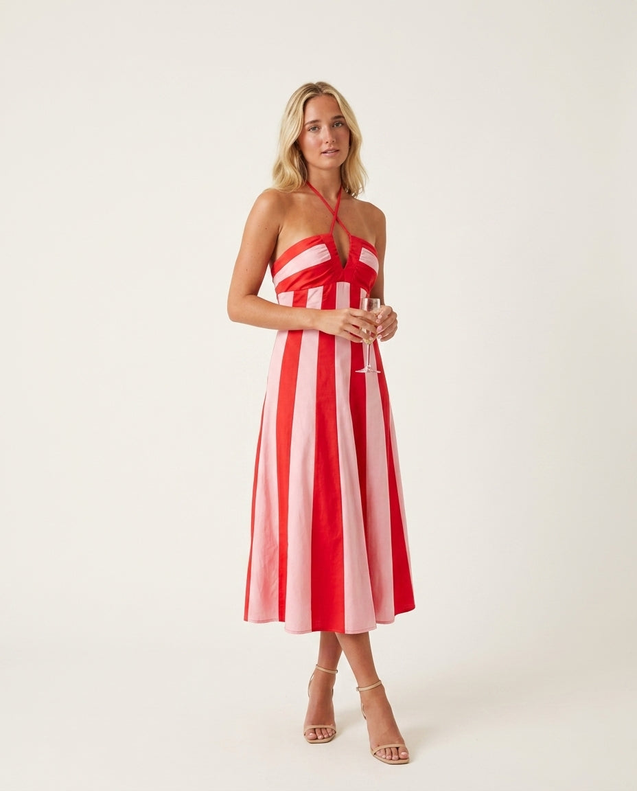 Red Allure Wedding Guest Striped Midi Dress Red Midi Dress with Flowing silhouette and Ribbed Knit texture, side or back garment view for Wedding Guest, an office-to-dinner transition, Fall current summer selling first with a light late-summer/pre-fall ac by Massicos