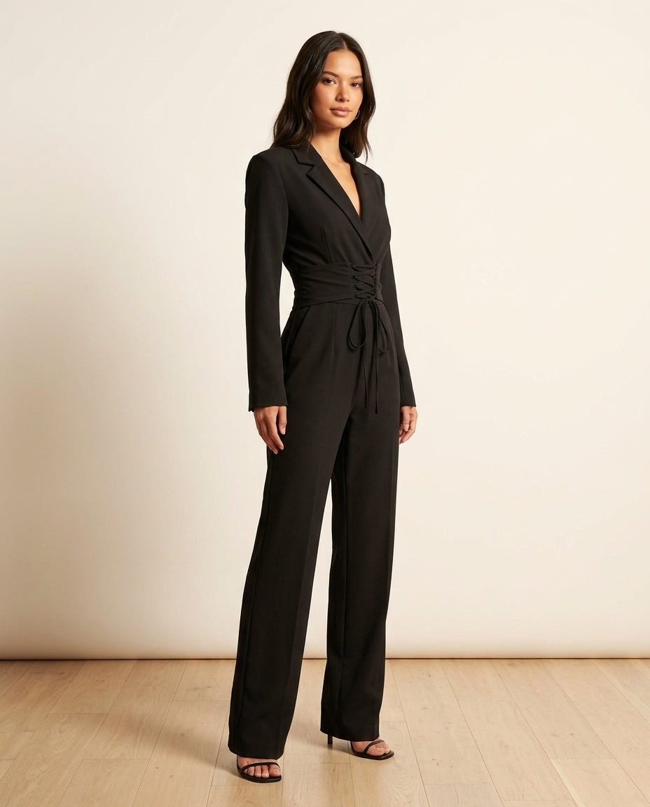 Black Bloom Wedding Guest Textured Jumpsuit Black Jumpsuit with Wide-Leg silhouette and Textured texture, side or back garment view for Wedding Guest, a cafe plan, Fall current summer selling first with a light late-summer/pre-fall accent: make it wearabl by Massicos