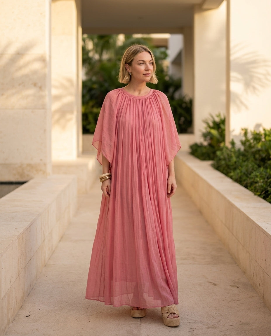 Pink Bloom Summer Pleated Maxi Dress Pink Maxi Dress with Asymmetric silhouette and Textured texture, side or back garment view for Wedding Guest, a private garden lunch, US East / Hamptons Elite by Massicos