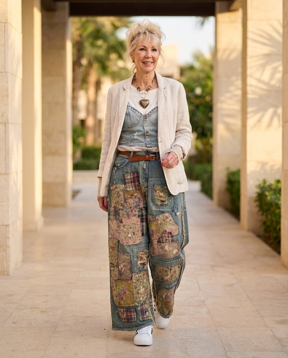 Denim Poise Summer Floral Pants Denim Pants with Wide-Leg silhouette and Textured texture, side or back garment view for Business Casual, a Palm Springs weekend, US Coastal Glam by Massicos