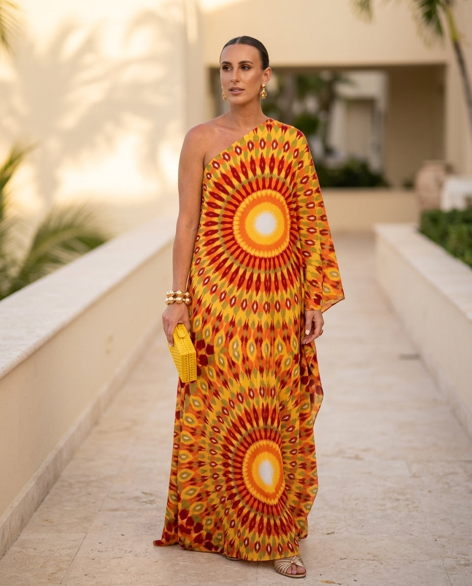 Butter Yellow Reverie Resort Printed Maxi Dress Butter Yellow Maxi Dress with Asymmetric silhouette and Textured texture, side or back garment view for Resort Wear, a rooftop dinner in LA, US Coastal Glam by Massicos