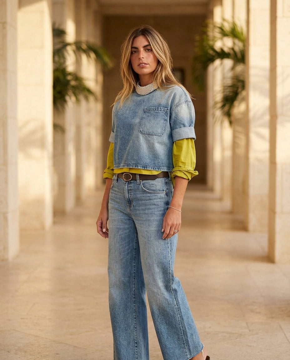 Light Blue Velvet Summer Denim Two-Piece Set Light Blue Two-Piece Set with Cropped silhouette and Textured texture, side or back garment view for Vacation Set, a private garden lunch, US East / Hamptons Elite by Massicos