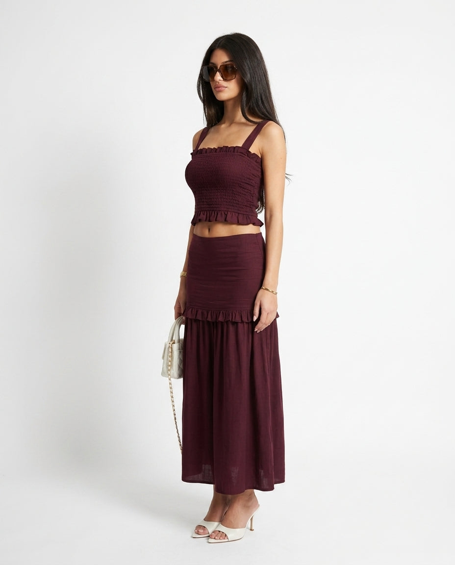 Burgundy Bloom Resort Printed Skirt Set Burgundy Skirt Set with Cropped silhouette and Linen Blend texture, side or back garment view for Resort Wear, a gallery opening in Paris, Euro Chic Premium by Massicos