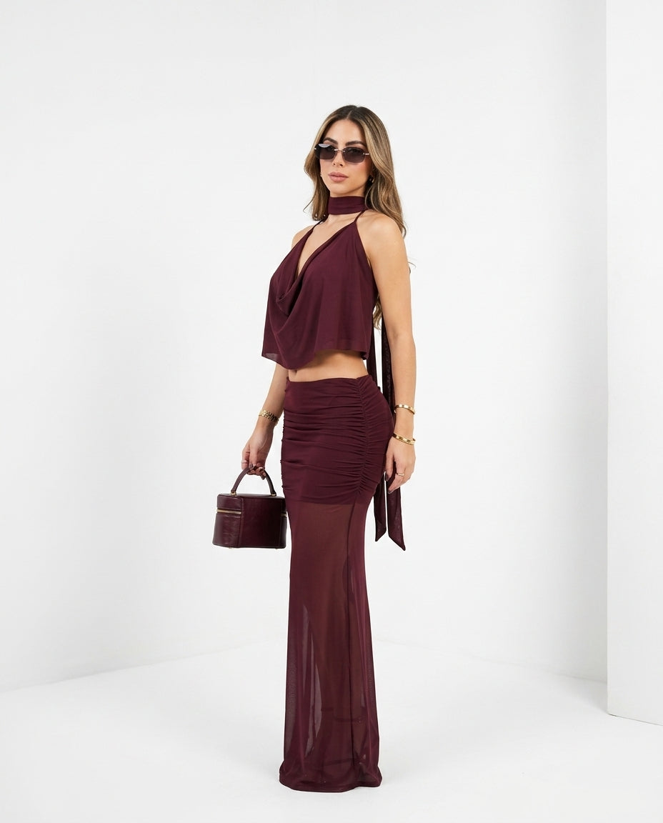 Burgundy Muse Evening Ruched Skirt Set Burgundy Skirt Set with Asymmetric silhouette and Textured texture, side or back garment view for Date Night, an estate dinner at golden hour, US East / Hamptons Elite by Massicos