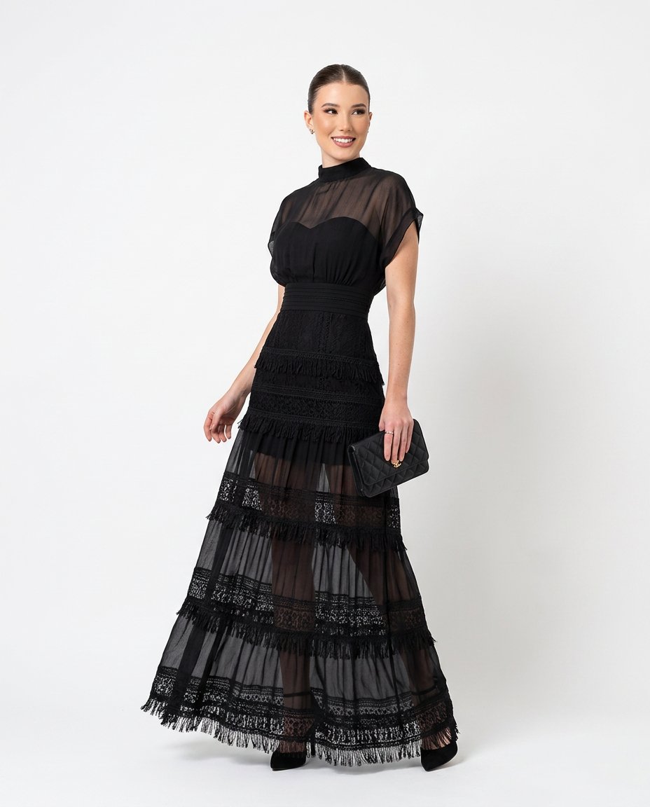 Black Charm Evening Lace Maxi Dress Black Maxi Dress with Asymmetric silhouette and Textured texture, side or back garment view for Date Night, a Palm Springs weekend, US Coastal Glam by Massicos