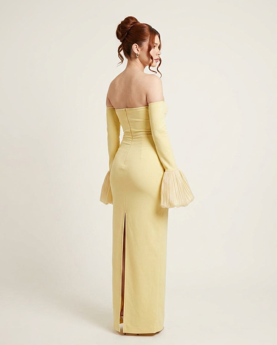 Butter Yellow Charm Summer Pleated Maxi Dress Butter Yellow Maxi Dress with Relaxed Fit silhouette and Textured texture, side or back garment view for Rooftop Brunch, a rooftop dinner in LA, US Coastal Glam by Massicos