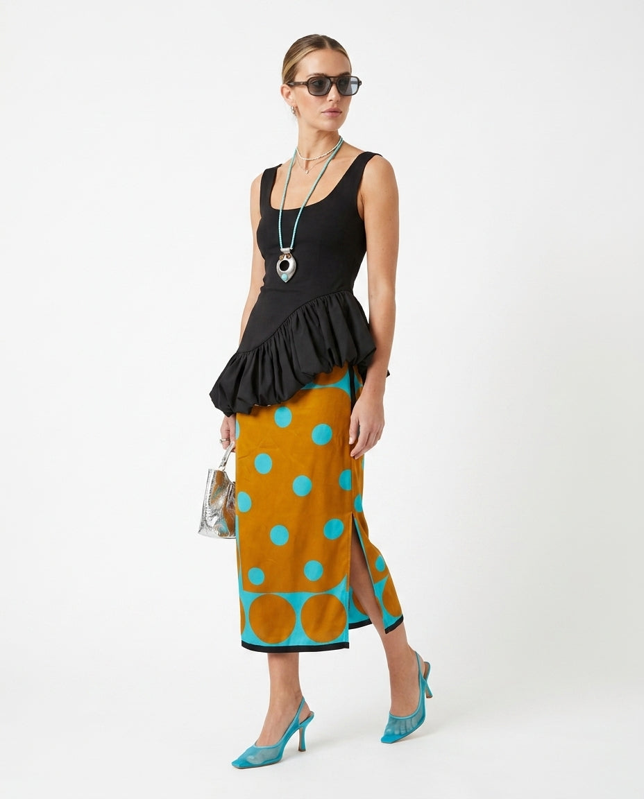 Black Allure Summer Polka Dot Skirt Set Black Skirt Set with Relaxed Fit silhouette and Textured texture, side or back garment view for Vacation Set, a gallery opening in Paris, Euro Chic Premium by Massicos