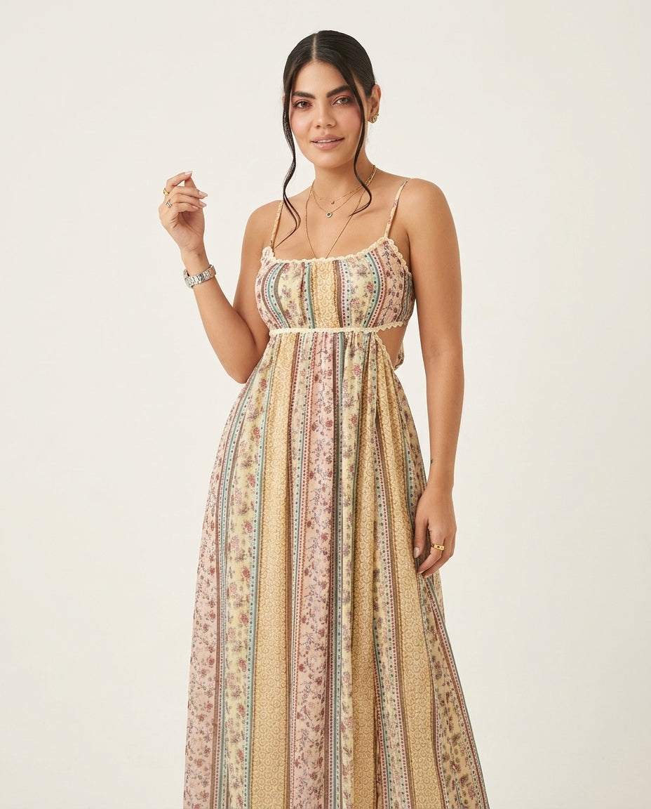 Butter Yellow Allure Resort Floral Maxi Dress Butter Yellow Maxi Dress with Relaxed Fit silhouette and Textured texture, side or back garment view for Resort Wear, Sunset in Malibu, US Coastal Glam by Massicos