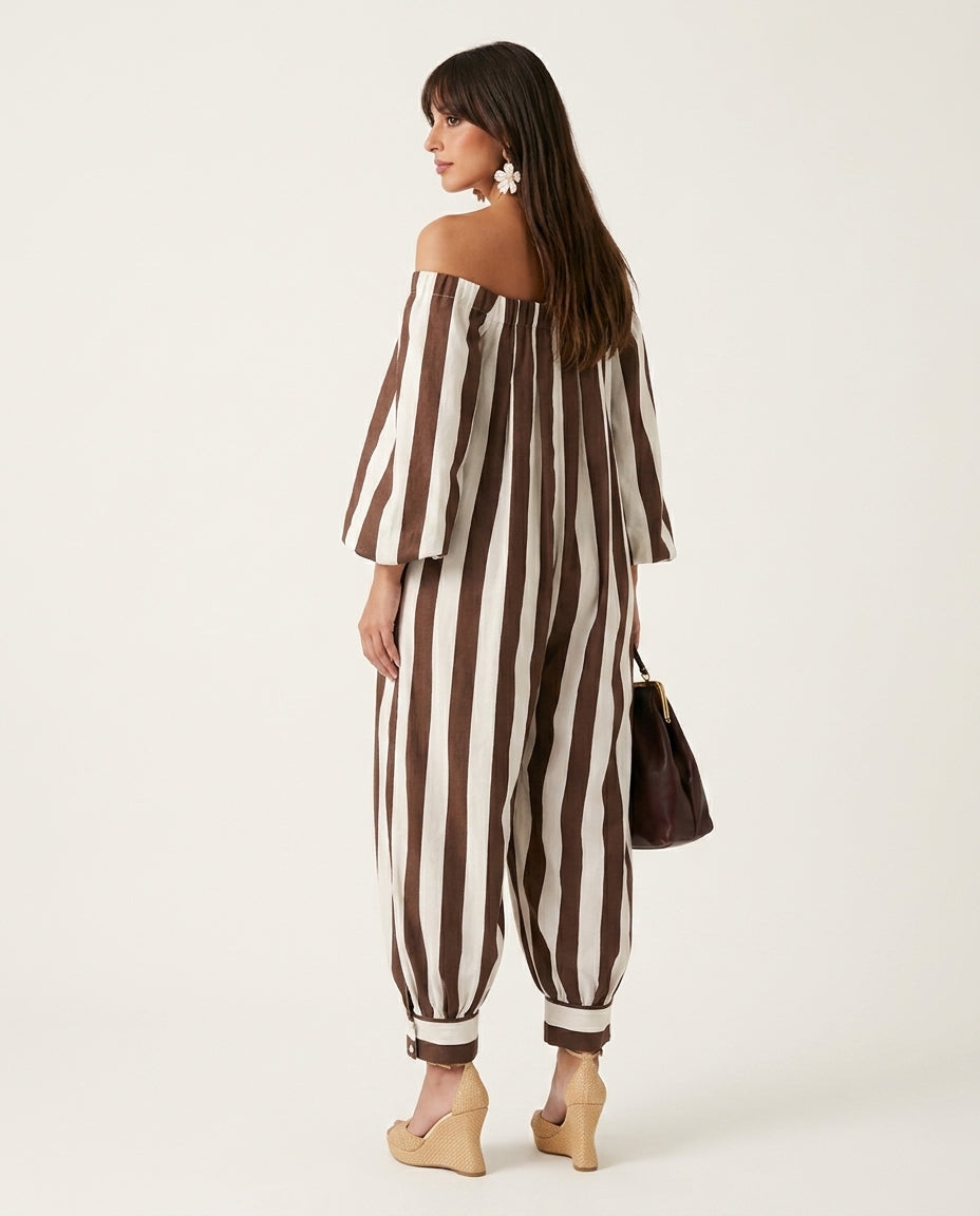 Brown Aura Resort Striped Jumpsuit Brown Jumpsuit with Wide-Leg silhouette and Linen Blend texture, side or back garment view for Resort Wear, a private garden lunch, US East / Hamptons Elite by Massicos