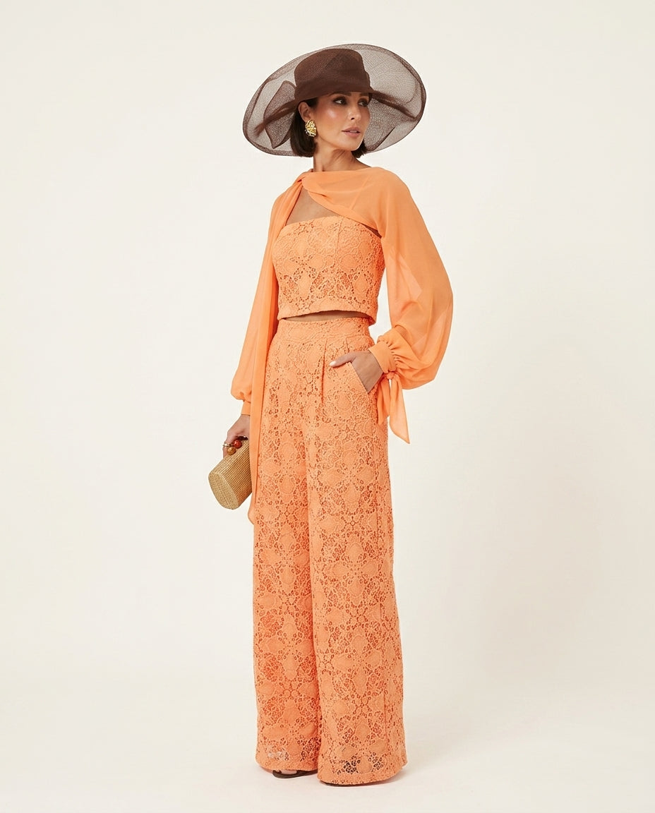 Orange Grace Summer Lace Jacket Orange Jacket with Wide-Leg silhouette and Textured texture, side or back garment view for Business Casual, Evening in Amalfi, Euro Chic Premium by Massicos