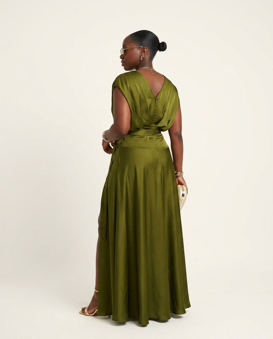 Olive Green Grace Summer Satin Maxi Dress Olive Green Maxi Dress with Asymmetric silhouette and Satin texture, side or back garment view for Resort Dinner, Brunch in SoHo, US Coastal Glam by Massicos