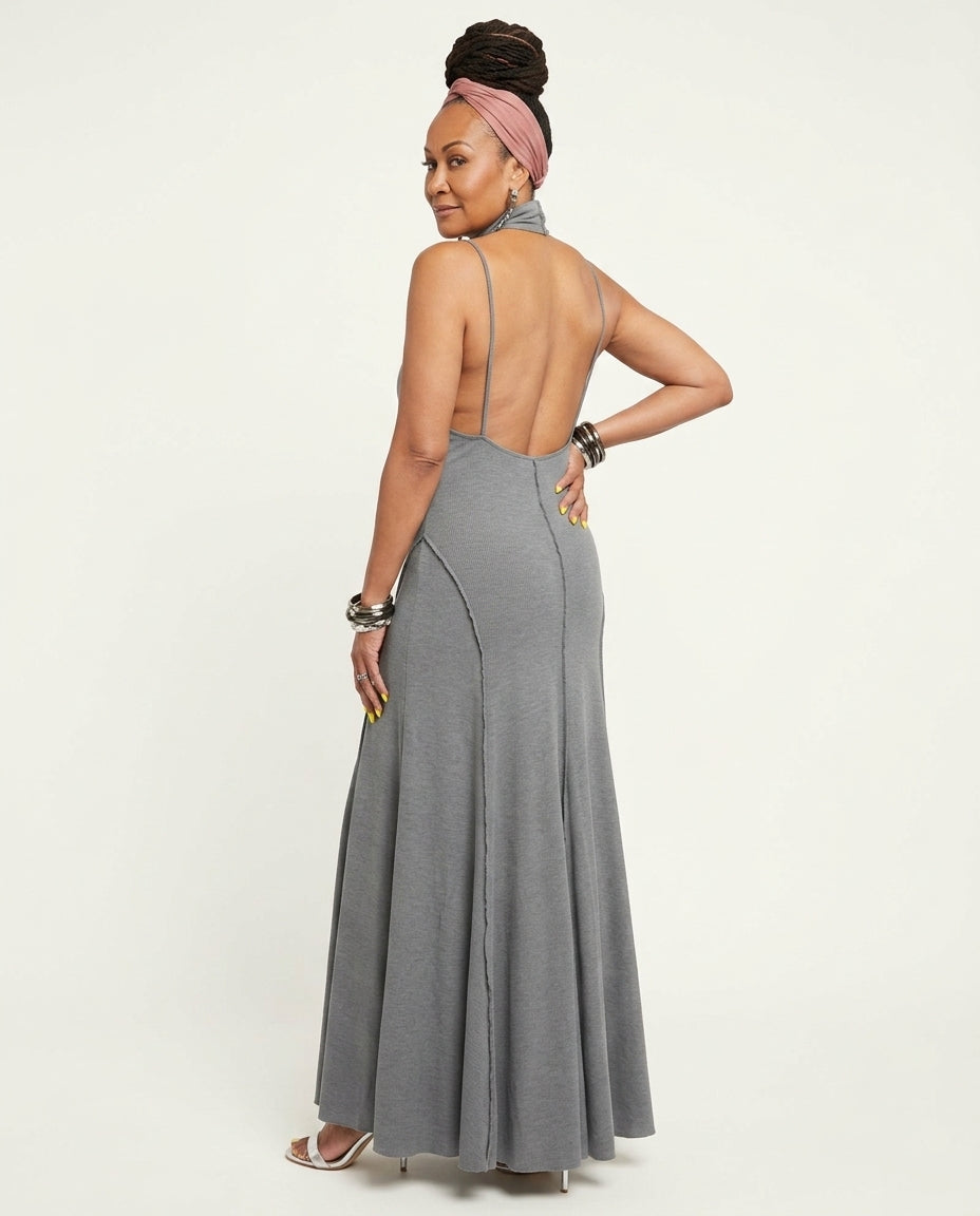 Grey Muse Summer Maxi Dress Grey Maxi Dress with Asymmetric silhouette and Ribbed Knit texture, side or back garment view for Vacation Evening, a Palm Springs weekend, US Coastal Glam by Massicos