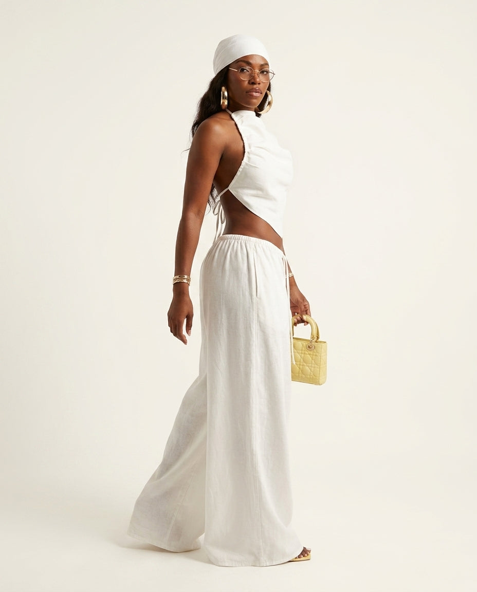 Ivory Whisper Summer Two-Piece Set Ivory Two-Piece Set with Asymmetric silhouette and Textured texture, side or back garment view for Summer Getaway, Sunset in Malibu, US Coastal Glam by Massicos