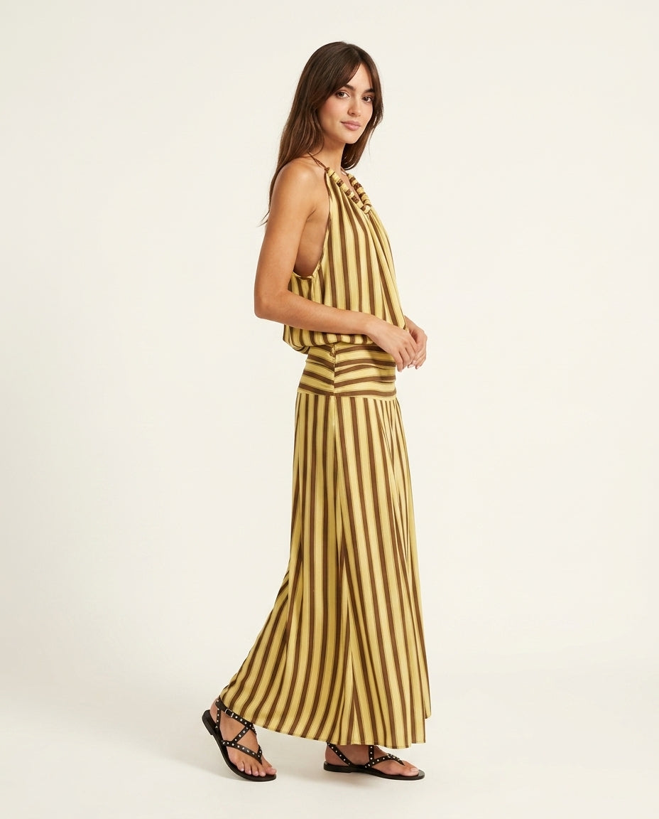 Butter Yellow Charm Resort Striped Romper Butter Yellow Romper with Relaxed Fit silhouette and Textured texture, side or back garment view for Resort Wear, an estate dinner at golden hour, US East / Hamptons Elite by Massicos
