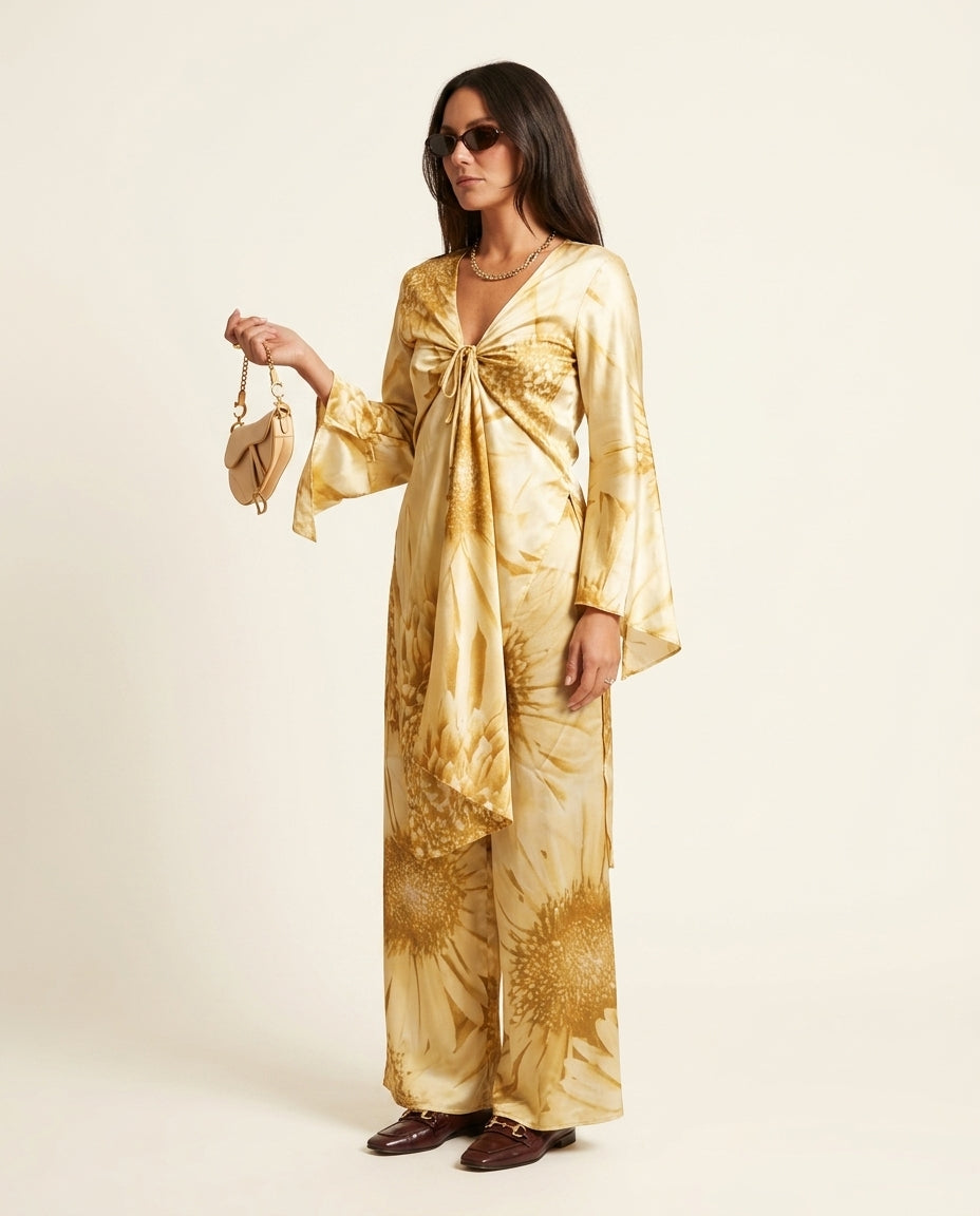 Light Yellow Charm Resort Floral Pant Set Light Yellow Pant Set with Wide-Leg silhouette and Satin texture, side or back garment view for Resort Wear, Evening in Amalfi, Euro Chic Premium by Massicos