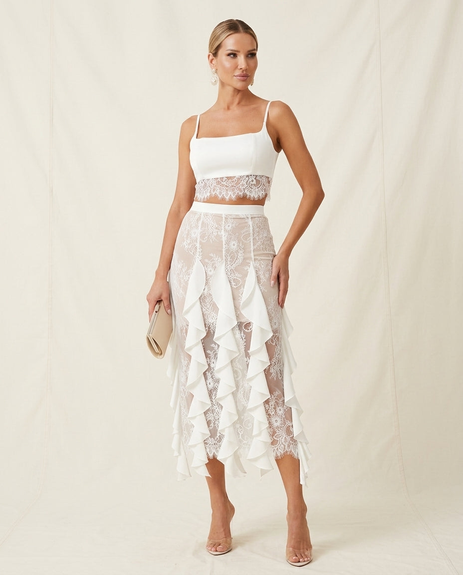 Ivory Aura Evening Lace Skirt Set Ivory Skirt Set with Cropped silhouette and Satin texture, side or back garment view for Resort Wear, a gallery opening in Paris, Euro Chic Premium by Massicos