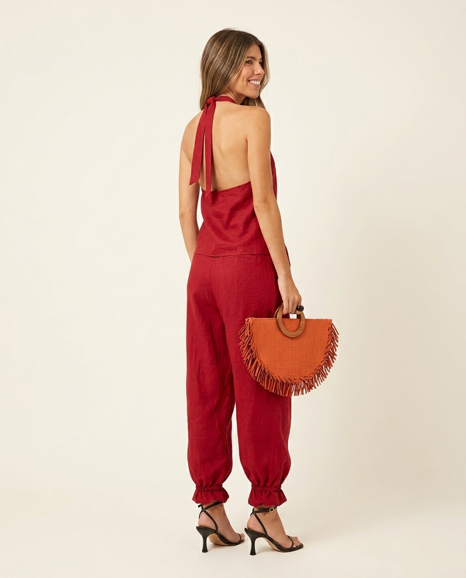 Red Charm Resort Ruffled Pant Set Red Pant Set with Relaxed Fit silhouette and Linen Blend texture, side or back garment view for Resort Wear, a polished coastal brunch, US East / Hamptons Elite by Massicos
