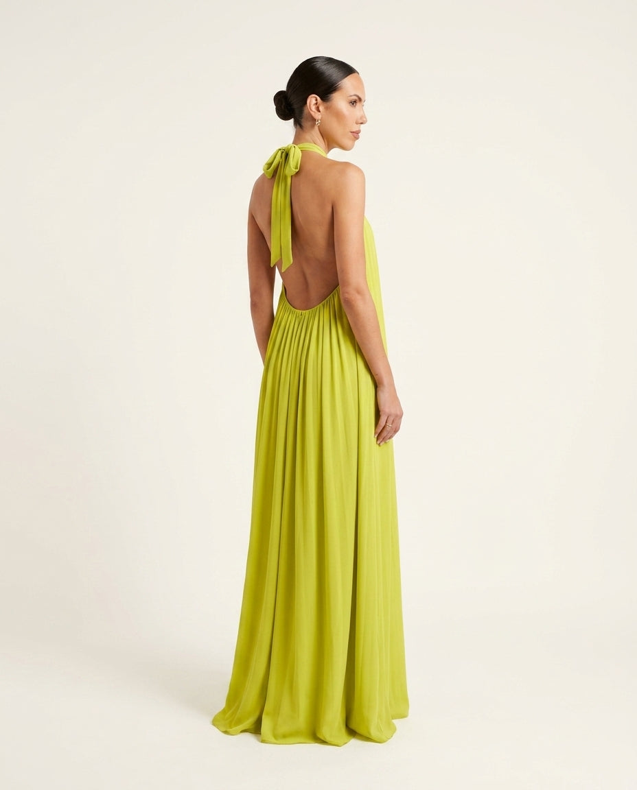 Lime Lustre Resort Printed Maxi Dress Lime Maxi Dress with Asymmetric silhouette and Textured texture, side or back garment view for Resort Wear, a Palm Springs weekend, US Coastal Glam by Massicos