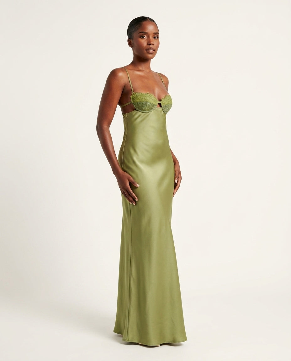 Olive Green Whisper Evening Lace Maxi Dress Olive Green Maxi Dress with Relaxed Fit silhouette and Satin texture, side or back garment view for Date Night, a Palm Springs weekend, US Coastal Glam by Massicos