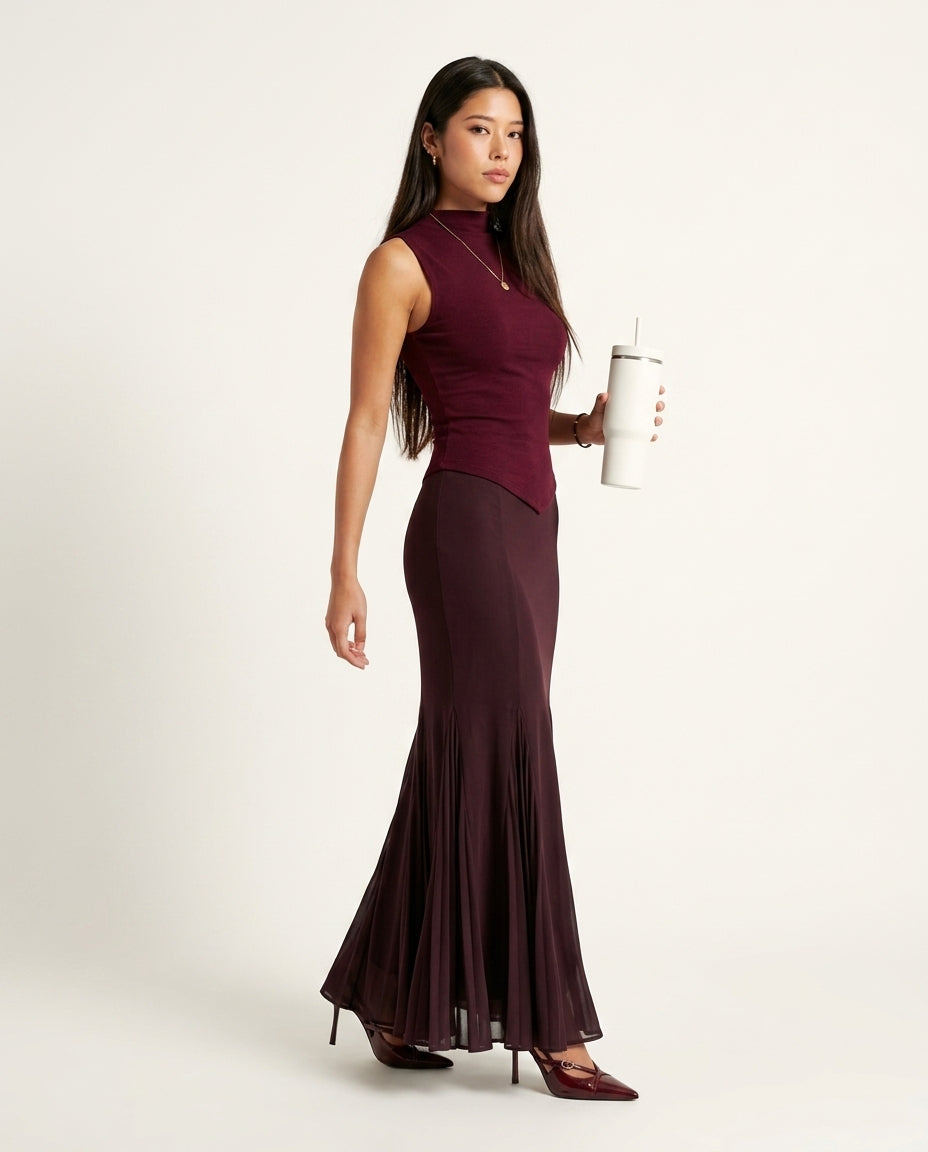 Burgundy Poise Summer Pleated Maxi Dress Burgundy Maxi Dress with Asymmetric silhouette and Ribbed Knit texture, side or back garment view for Resort Dinner, a private garden lunch, US East / Hamptons Elite by Massicos