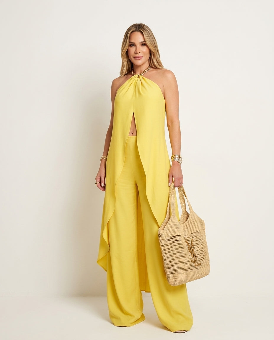 Butter Yellow Muse Resort Linen Pant Set Butter Yellow Pant Set with Asymmetric silhouette and Linen Blend texture, side or back garment view for Resort Wear, a polished coastal brunch, US East / Hamptons Elite by Massicos