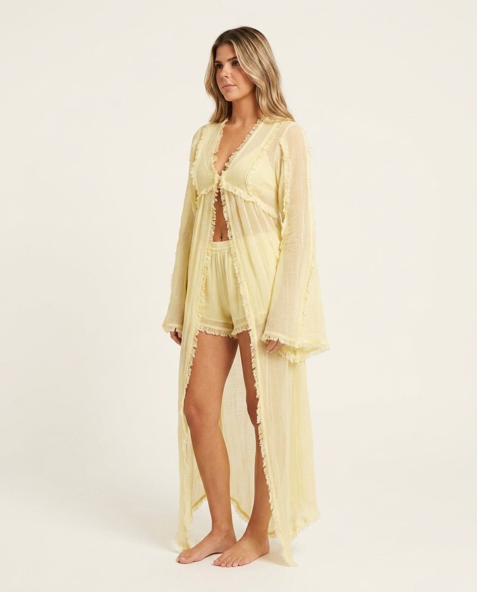 Butter Yellow Bloom Resort V-Neck Jacket Butter Yellow Jacket with Asymmetric silhouette and Textured texture, side or back garment view for Resort Wear, a polished coastal brunch, US East / Hamptons Elite by Massicos