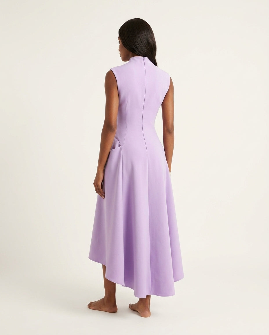 Lavender Gleam Summer Maxi Dress Lavender Maxi Dress with Asymmetric silhouette and Ribbed Knit texture, side or back garment view for Resort Dinner, Evening in Amalfi, Euro Chic Premium by Massicos