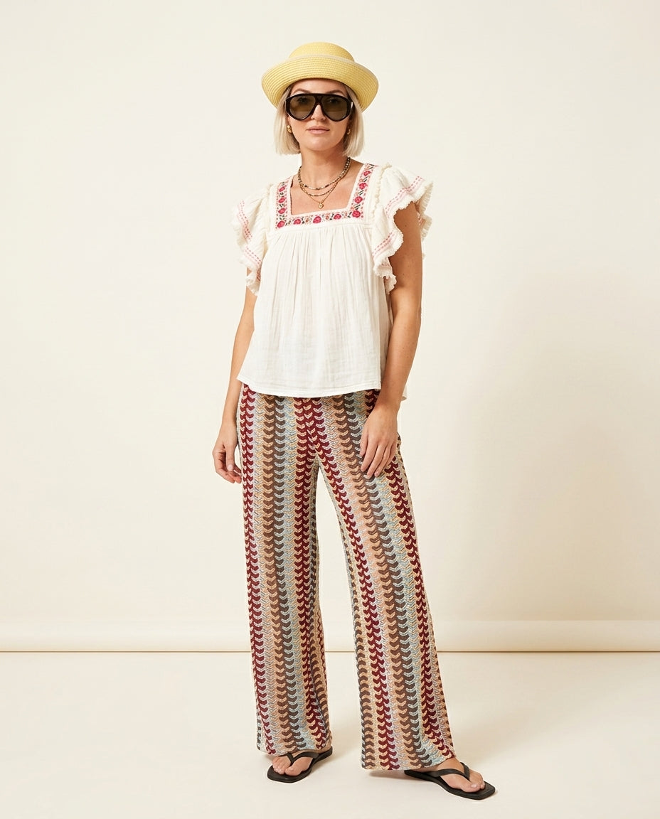 Ivory Bloom Summer Embroidered Two-Piece Set Ivory Two-Piece Set with Asymmetric silhouette and Textured texture, side or back garment view for Weekend Escape, Brunch in SoHo, US Coastal Glam by Massicos