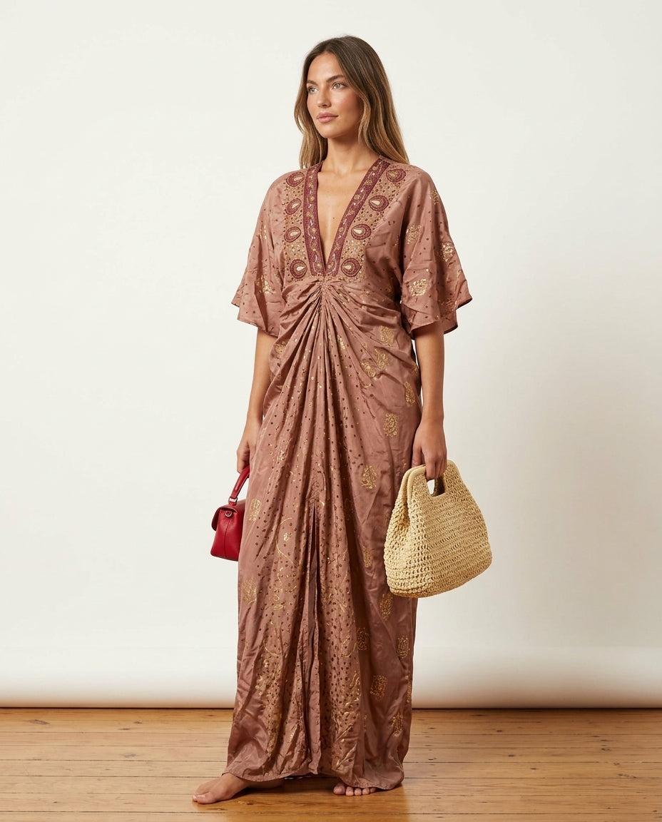 Blush Velvet Embroidered Maxi Dress Blush Maxi Dress with Asymmetric silhouette and Textured texture, side or back garment view for Resort Dinner, Brunch in SoHo, US Coastal Glam by Massicos