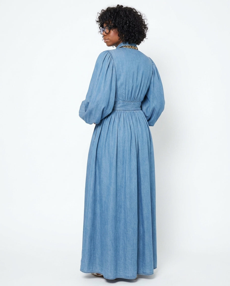 Denim Velvet Summer Maxi Dress Denim Maxi Dress with Relaxed Fit silhouette and Textured texture, side or back garment view for Rooftop Brunch, Sunset in Malibu, US Coastal Glam by Massicos
