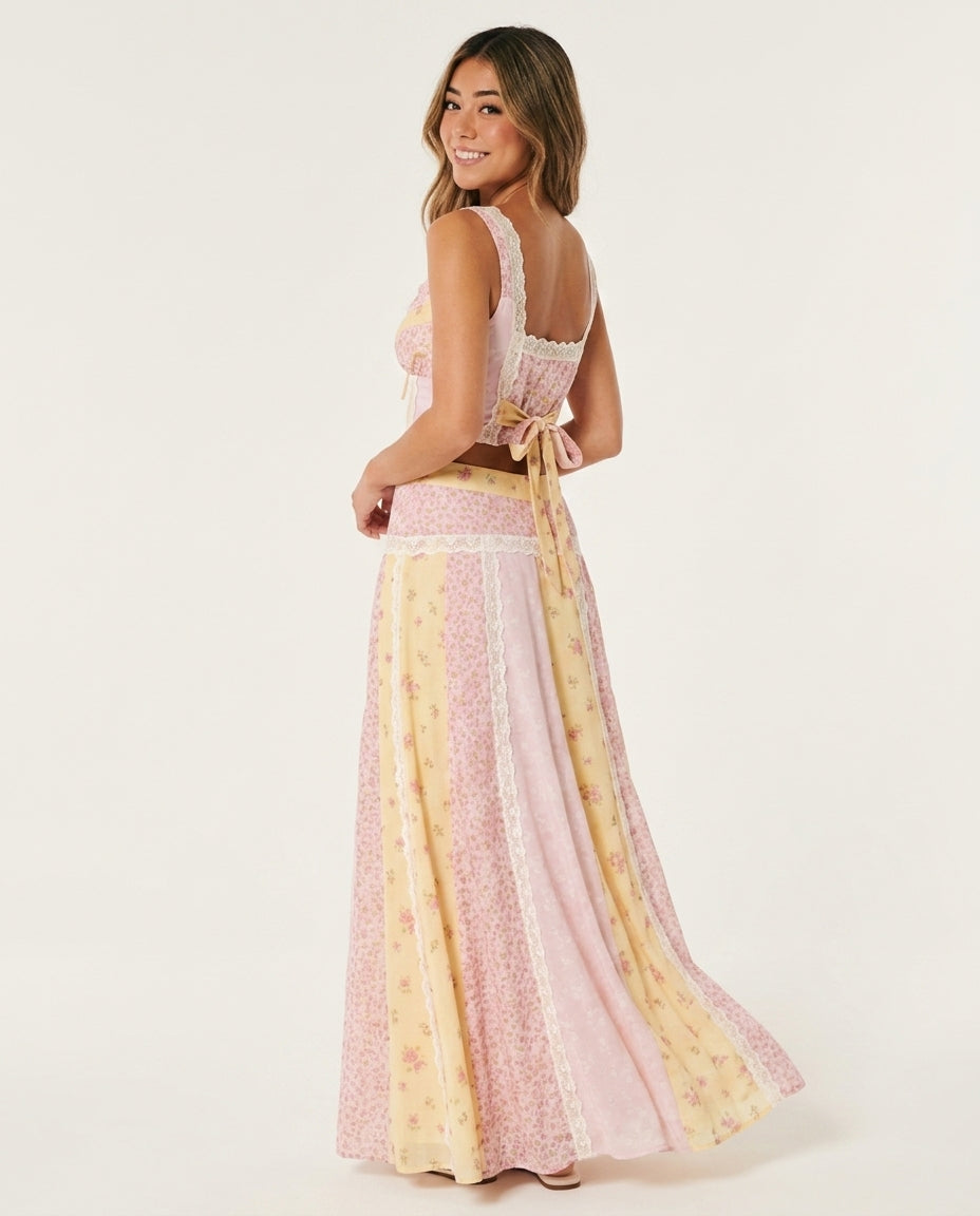 Pink Aura Resort Lace Skirt Set Pink Skirt Set with Asymmetric silhouette and Textured texture, side or back garment view for Resort Wear, Brunch in SoHo, US Coastal Glam by Massicos