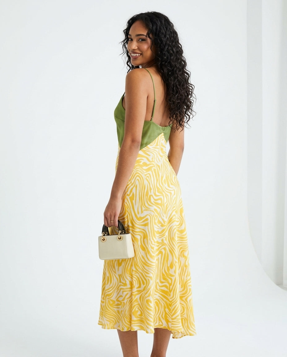 Butter Yellow Glow Summer Printed Maxi Dress Butter Yellow Maxi Dress with Asymmetric silhouette and Textured texture, side or back garment view for Wedding Guest, Brunch in SoHo, US Coastal Glam by Massicos