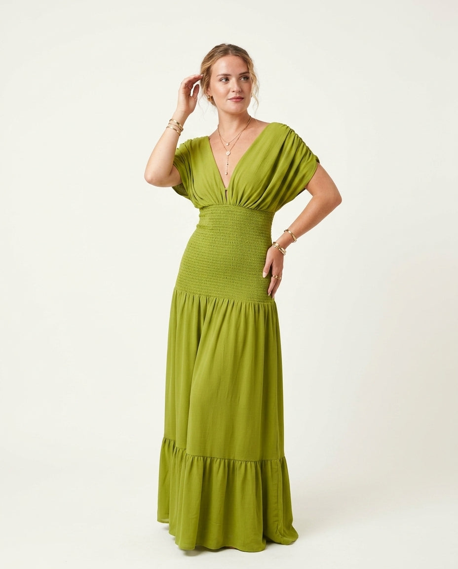 Sage Allure Summer Smocked Romper Sage Romper with Relaxed Fit silhouette and Textured texture, side or back garment view for Wedding Guest, a gallery opening in Paris, Euro Chic Premium by Massicos