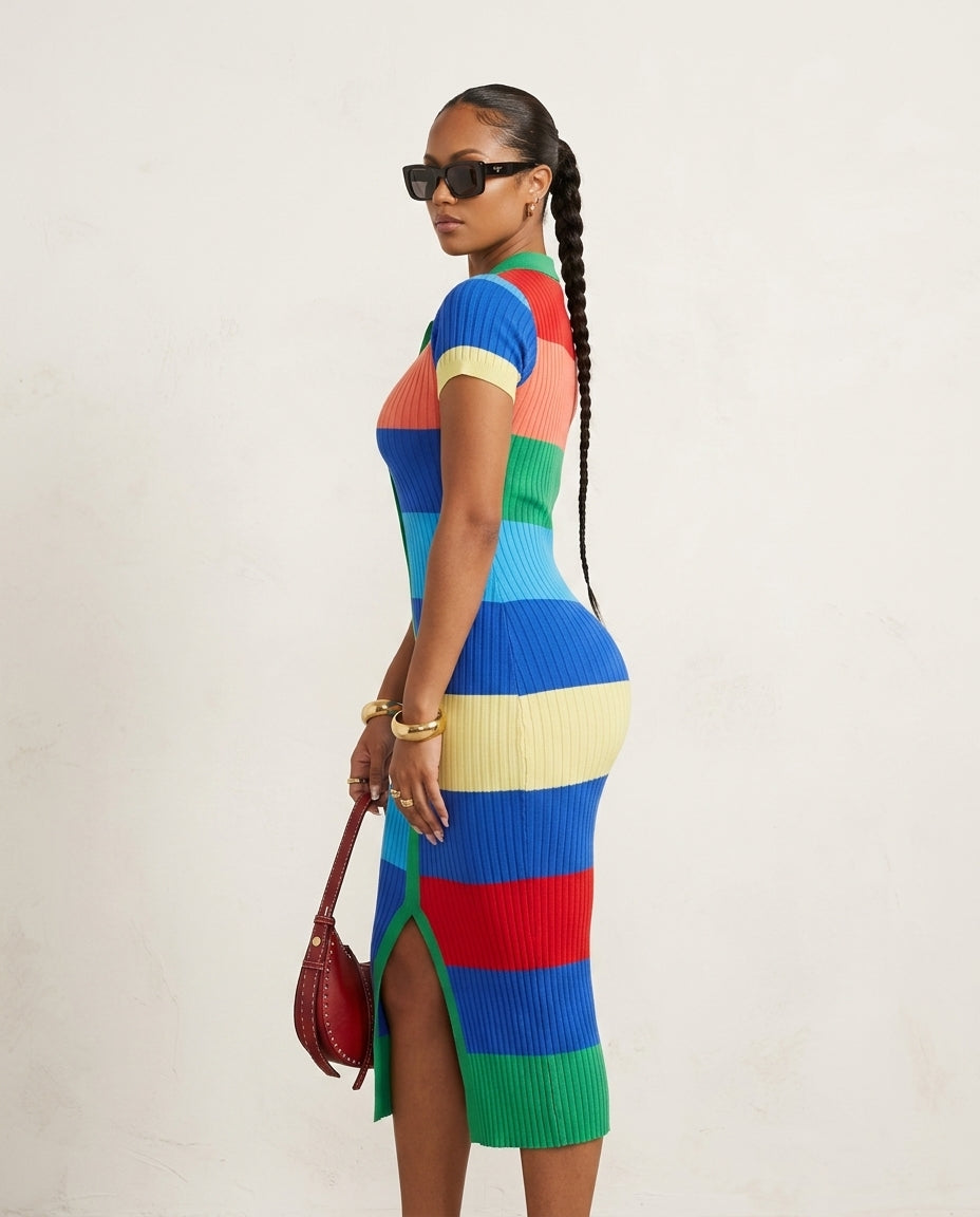 Multi-Color Allure Summer Ribbed Romper Multi-Color Romper with Cropped silhouette and Ribbed Knit texture, side or back garment view for Wedding Guest, a gallery opening in Paris, Euro Chic Premium by Massicos