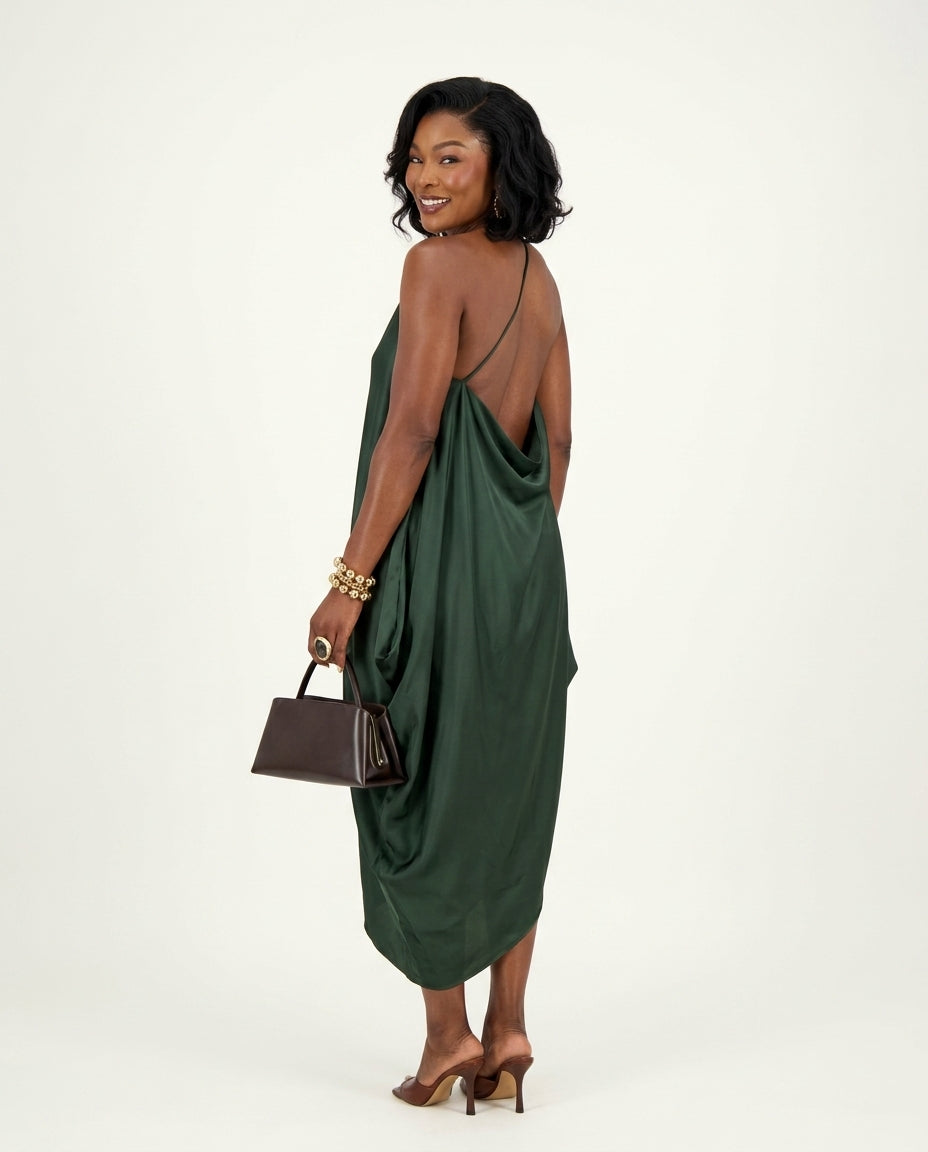 Dark Green Velvet Resort Satin Maxi Dress Dark Green Maxi Dress with Asymmetric silhouette and Satin texture, side or back garment view for Resort Wear, a gallery opening in Paris, Euro Chic Premium by Massicos