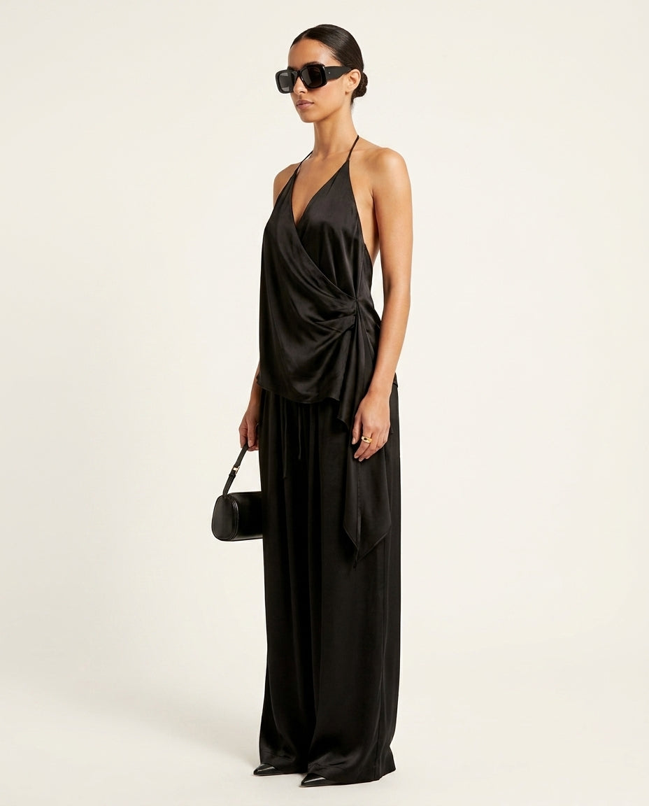 Black Velvet Evening Satin Pant Set Black Pant Set with Asymmetric silhouette and Satin texture, side or back garment view for Resort Wear, Brunch in SoHo, US Coastal Glam by Massicos