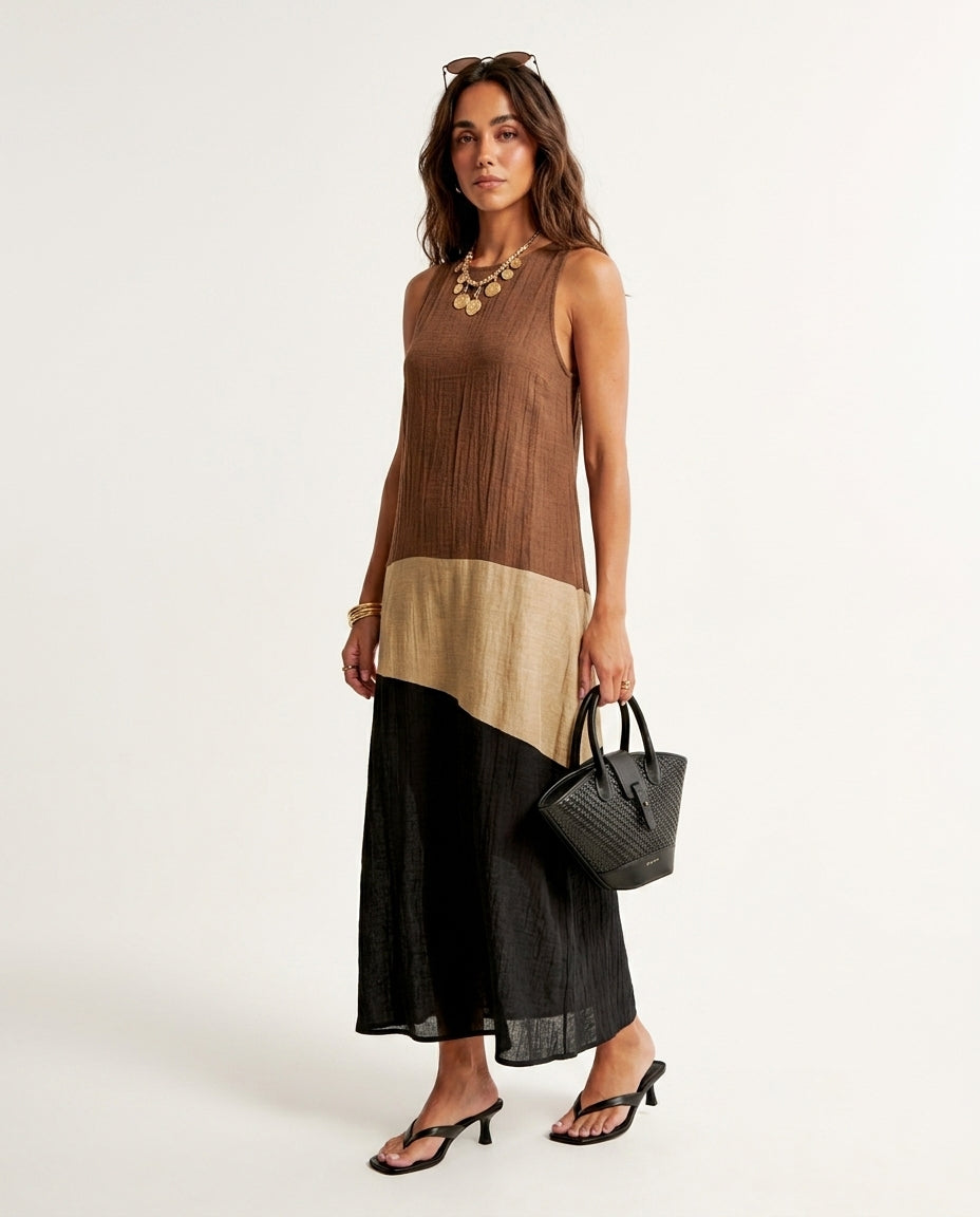 Brown Charm Resort Textured Maxi Dress Brown Maxi Dress with Asymmetric silhouette and Textured texture, side or back garment view for Resort Wear, an estate dinner at golden hour, US East / Hamptons Elite by Massicos