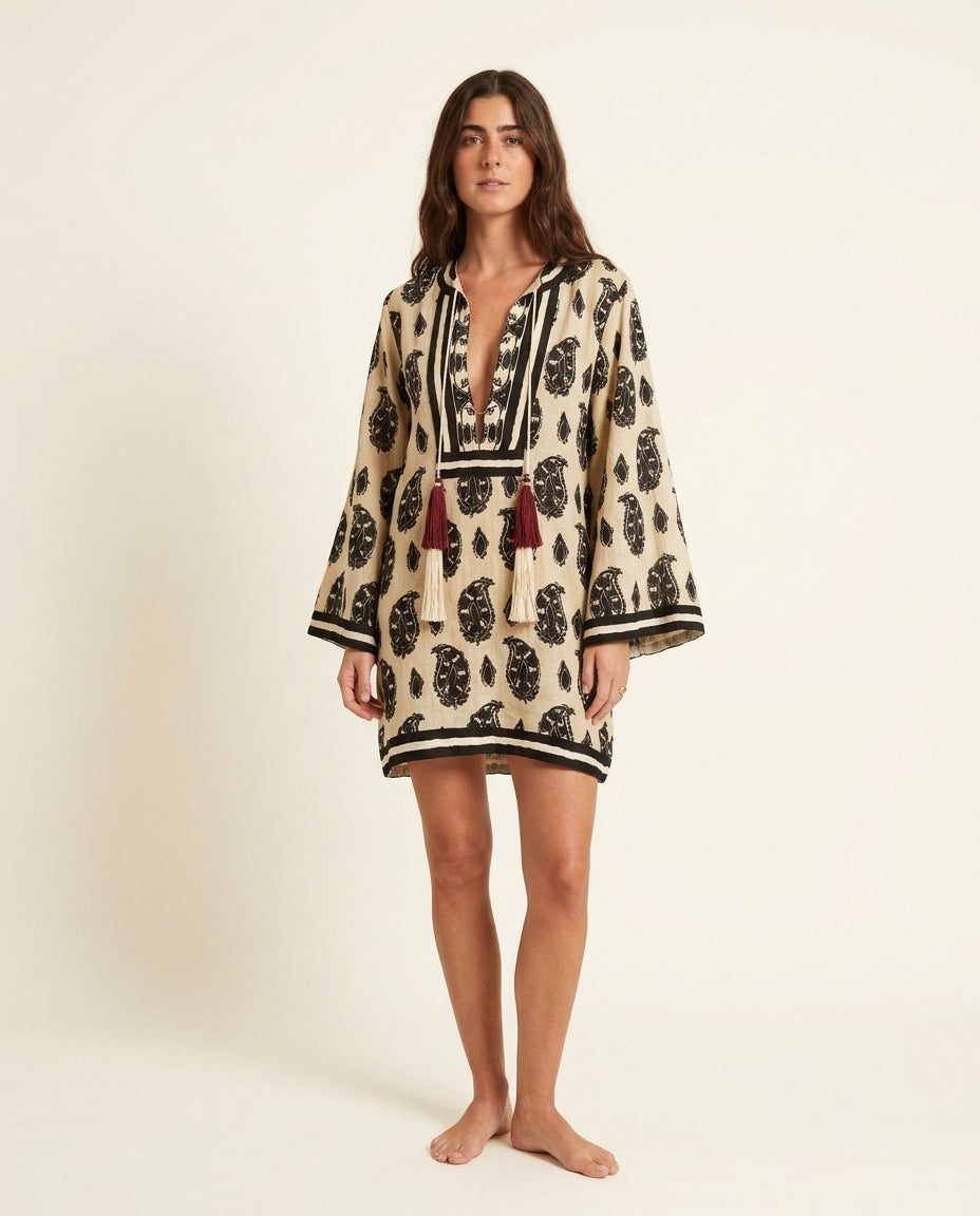Sand Whisper Resort Paisley Maxi Dress Sand Maxi Dress with Asymmetric silhouette and Linen Blend texture, side or back garment view for Resort Wear, a gallery opening in Paris, Euro Chic Premium by Massicos