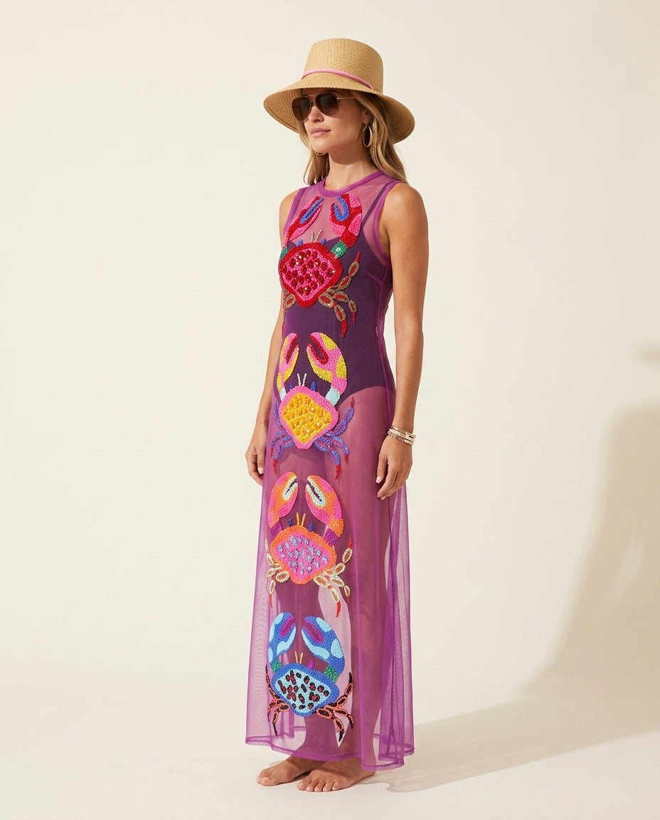 Lilac Poise Resort Embroidered Maxi Dress Lilac Maxi Dress with Asymmetric silhouette and Textured texture, side or back garment view for Resort Wear, Sunset in Malibu, US Coastal Glam by Massicos
