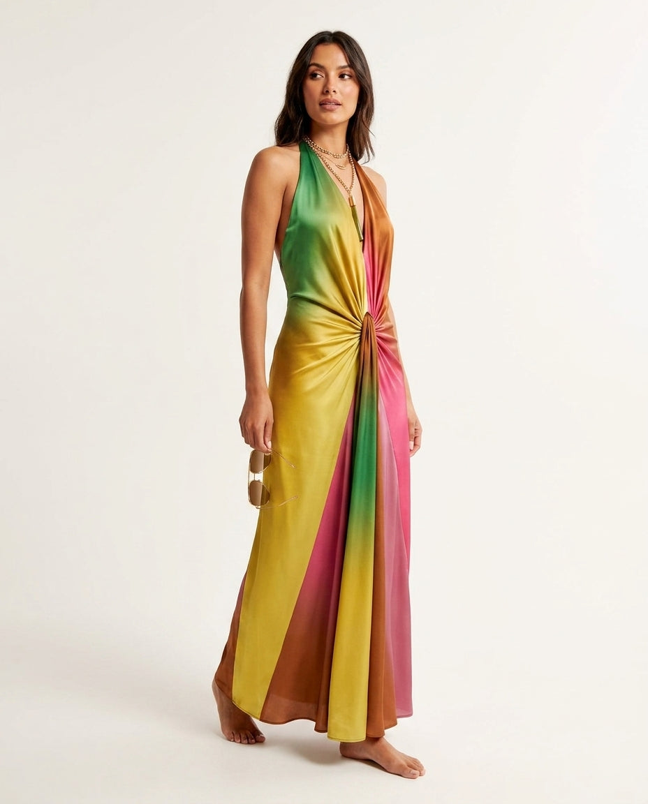 Pink Velvet Summer Halter Maxi Dress Pink Maxi Dress with Relaxed Fit silhouette and Textured texture, side or back garment view for Resort Dinner, Sunset in Malibu, US Coastal Glam by Massicos