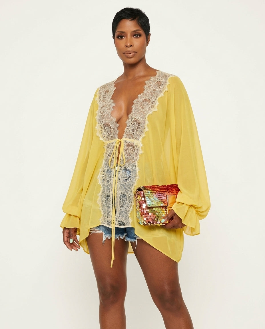 Butter Yellow Reverie Resort Lace Jacket Butter Yellow Jacket with Asymmetric silhouette and Textured texture, side or back garment view for Resort Wear, a London dinner reservation, Euro Chic Premium by Massicos