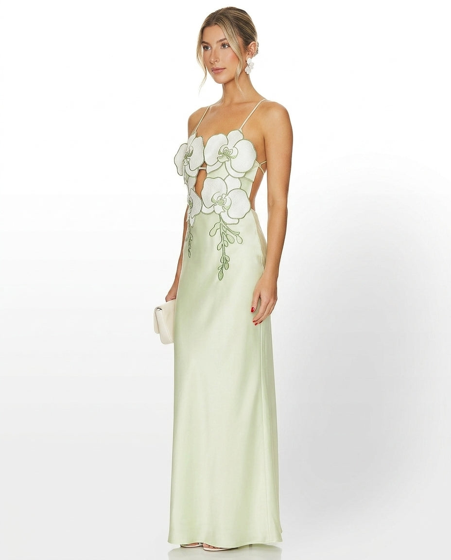 Light Green Allure Evening Floral Maxi Dress Light Green Maxi Dress with Relaxed Fit silhouette and Textured texture, side or back garment view for Date Night, a rooftop dinner in LA, US Coastal Glam by Massicos