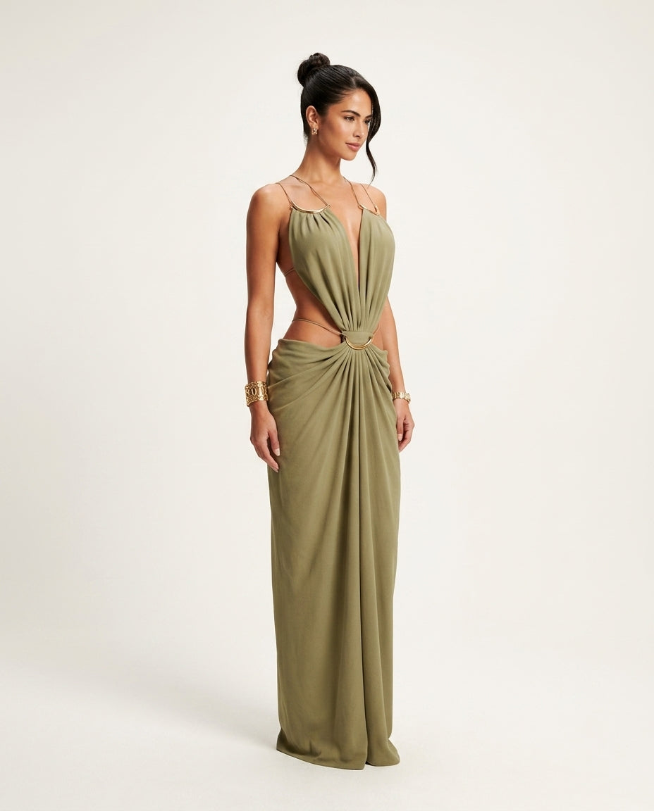 Olive Muse Evening Maxi Dress Olive Maxi Dress with Asymmetric silhouette and Textured texture, side or back garment view for Date Night, a private garden lunch, US East / Hamptons Elite by Massicos