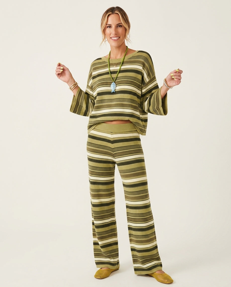 Sage Glow Resort Ribbed Pant Set Sage Pant Set with Cropped silhouette and Ribbed Knit texture, side or back garment view for Resort Wear, Evening in Amalfi, Euro Chic Premium by Massicos